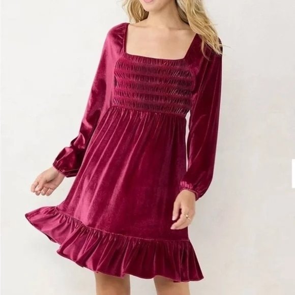 LC Lauren Conrad Dresses & Skirts - NEW LAUREN CONRAD VELVET SMOCKED DRESS PINK MEDIUM LONG SLEEVE MINI FUCHSIA NWT